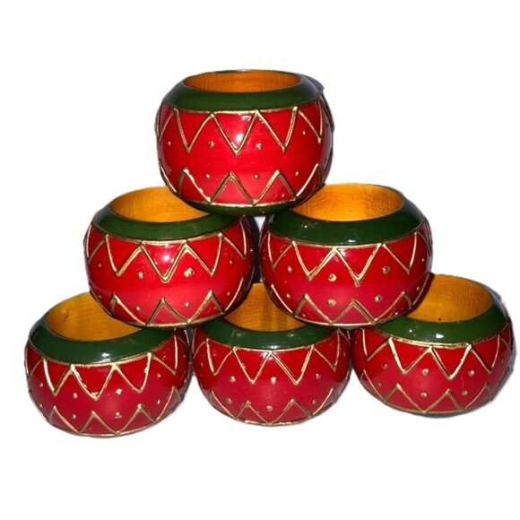 Hand Painted Wood Napkin Rings Green Red Gold Table Setting Dinner Party - Picture 1 of 8